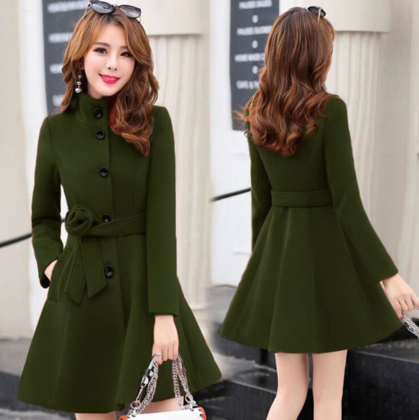 Women outerwear autumn winter New clothing Korea fashion belt warm woolen dress blends Slim female elegant woolen coat 899i 210218