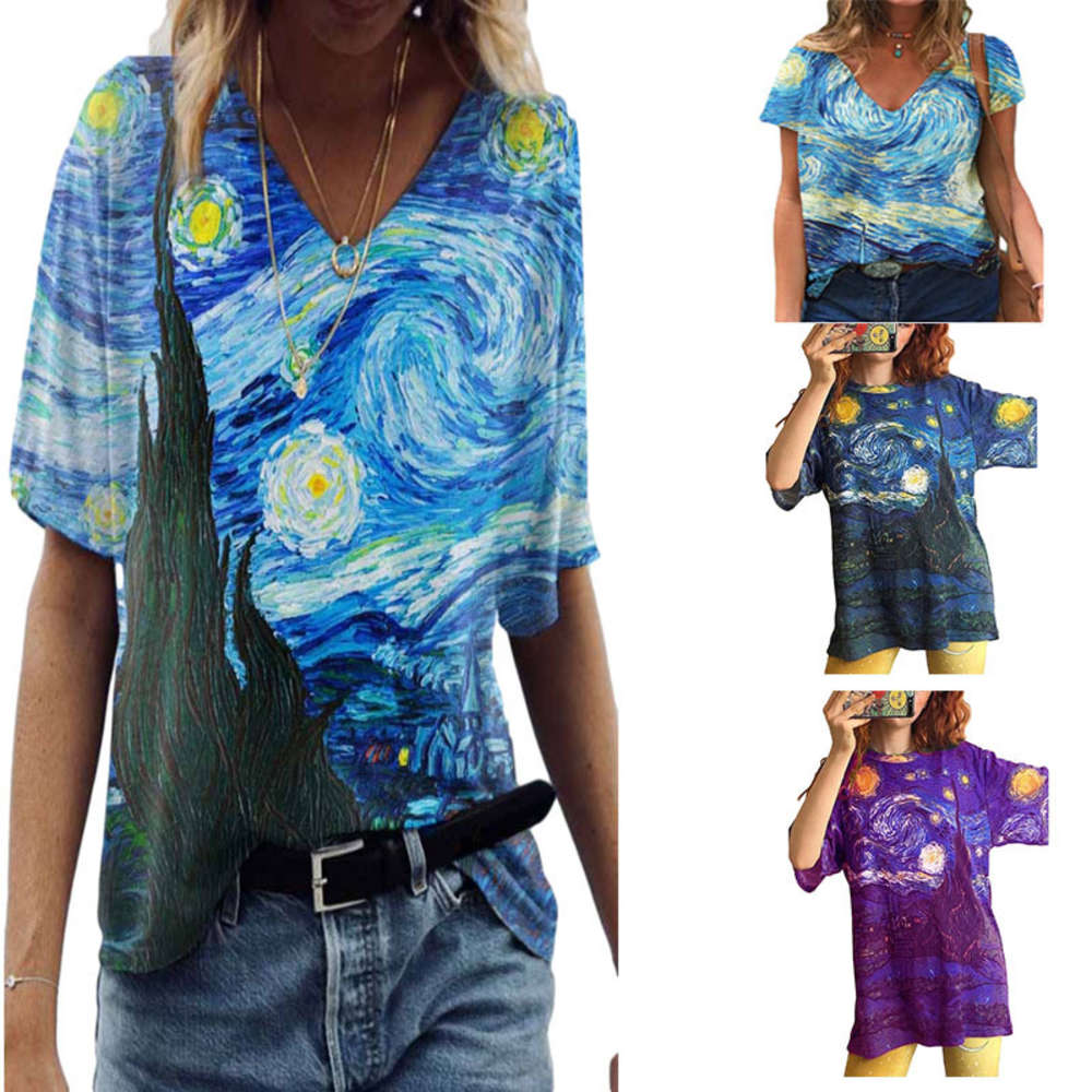 Spring 2021 new van Gogh's starry night oil painting theme print V-neck short sleeve blouse, White
Spring 2021 new van Gogh's starry night oil painting theme print V-neck short sleeve blouse, White