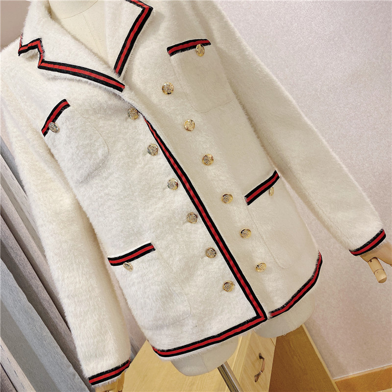 White Tweed Jacket Ladies Summer And Woolen Double-Breasted Button Long Sleeve Office 210525