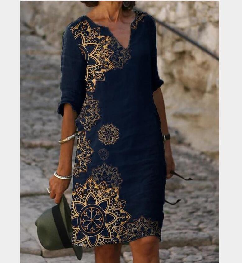 Women Printing Dress Summer VNeck Half Sleeve ALine Dresses Female Retro litera Vintage Loose Dress Vestidos 210303