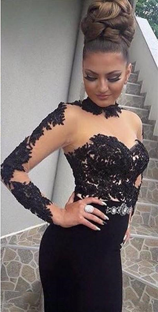 Stylish High Neck Black Prom Dresses Sexy See Through Tulle Mermaid Long Formal Party Evening Gowns Appliques Long Sleeve Zipper Women Special Occasio