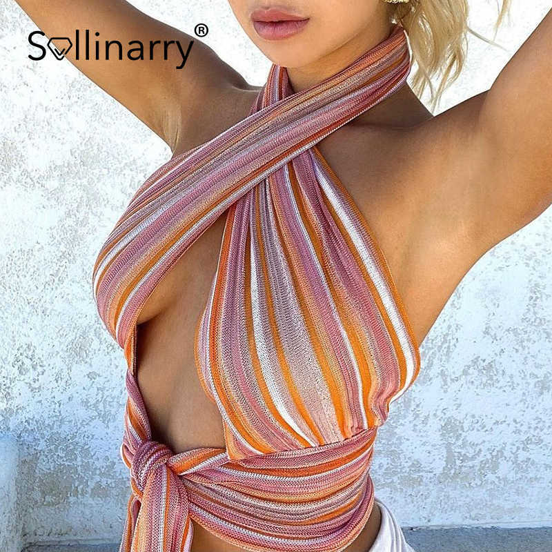 Sollinarry Party striped slim women vest fashion Y2K sexy bandage halter crop top hollow out High street night club camis summer 210709