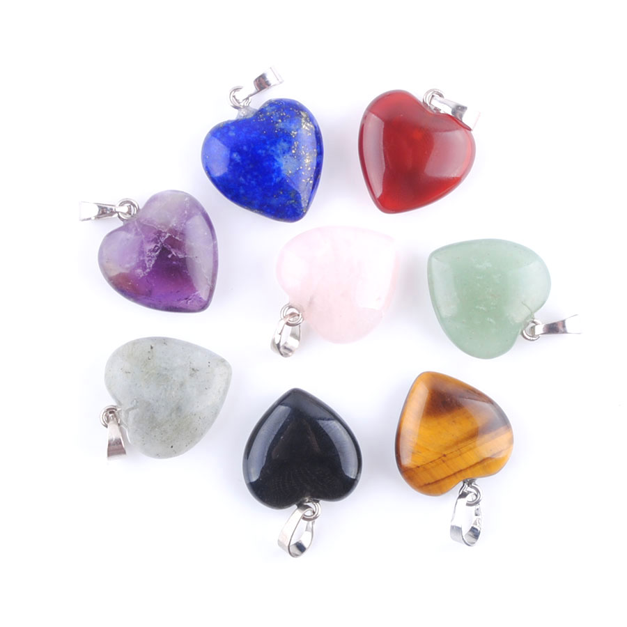 WOJIAER Love Heart Silver Plated Reiki Chakra Pendant Jewelry Natural Tigers Eye Agate Amethyst Gem Stone Bead BN345