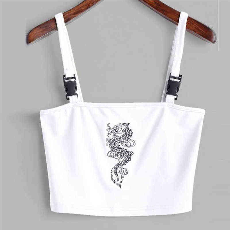 Fashion Women Sexy Hot Summer Buckle Vest Boob Tube Crop Top Bralet Sheer Dragon Embroidery Stylish Cami Tank Top Y220308