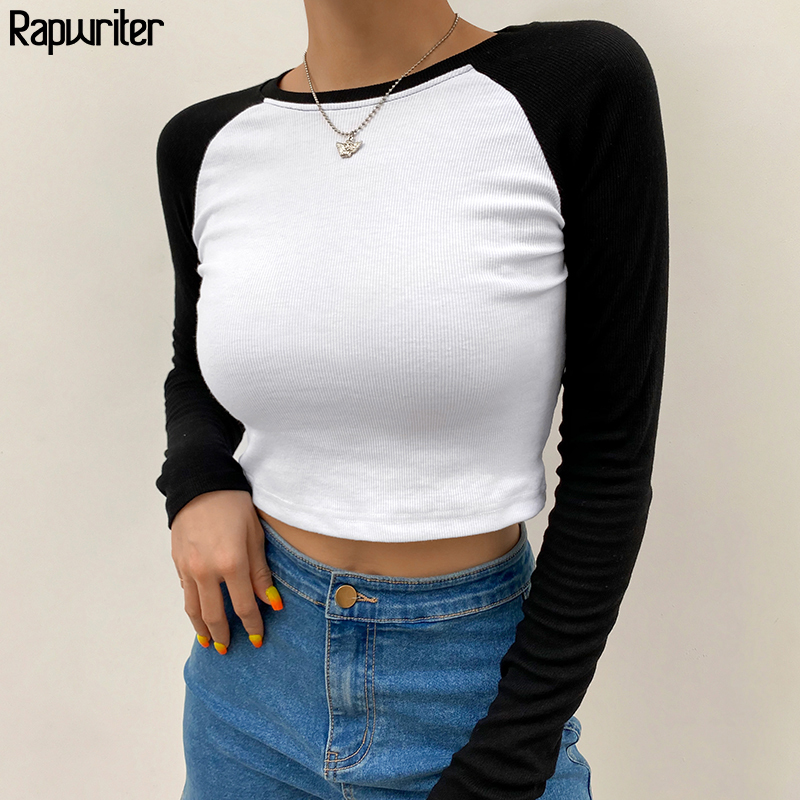 Contrast Color Ribbed Y2k Aesthetic Harajuku Crop Tops Women Fall O-Neck Long Sleeve Casual Basic T Shirt Femme RapWriter 210302