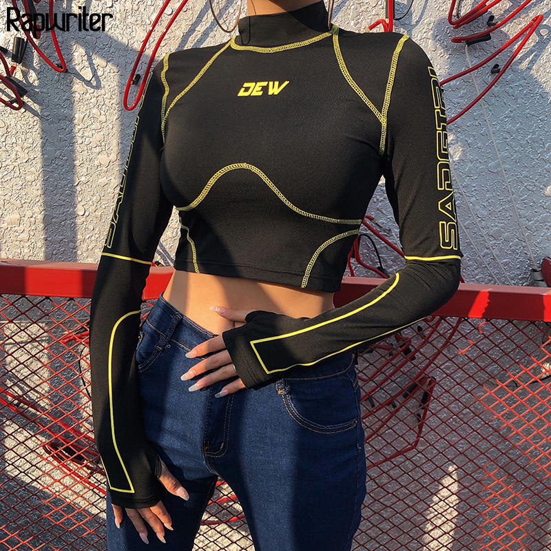 Rapwriter Casual Workout Turtleneck Long Hole Sleeve Elastic Striped Black T-Shirt Girl Autumn Letter Stretch Crop Tops 210310