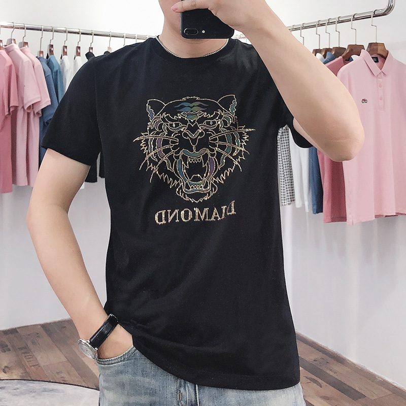 European men's short sleeve leisure trend tiger head laser diamond printed t-shirt summer, White
European men's short sleeve leisure trend tiger head laser diamond printed t-shirt summer, White