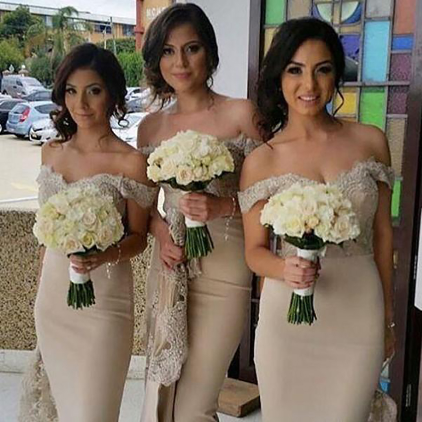 Elegant Off The Shoulder Bridesmaid Dresses Long Mermaid Satin Lace Appliques Maid Of Honor Gowns 2021 Arabic Aso Ebi Formal Evening Wedding Party Gue