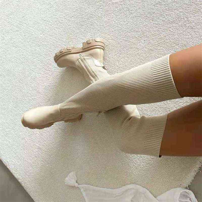 Autumn and Winterwomen's Over-the-knee Boots Knit Upper Solid Color Round Toe Square Heel Boots Comfortable and Casual Learning z250220