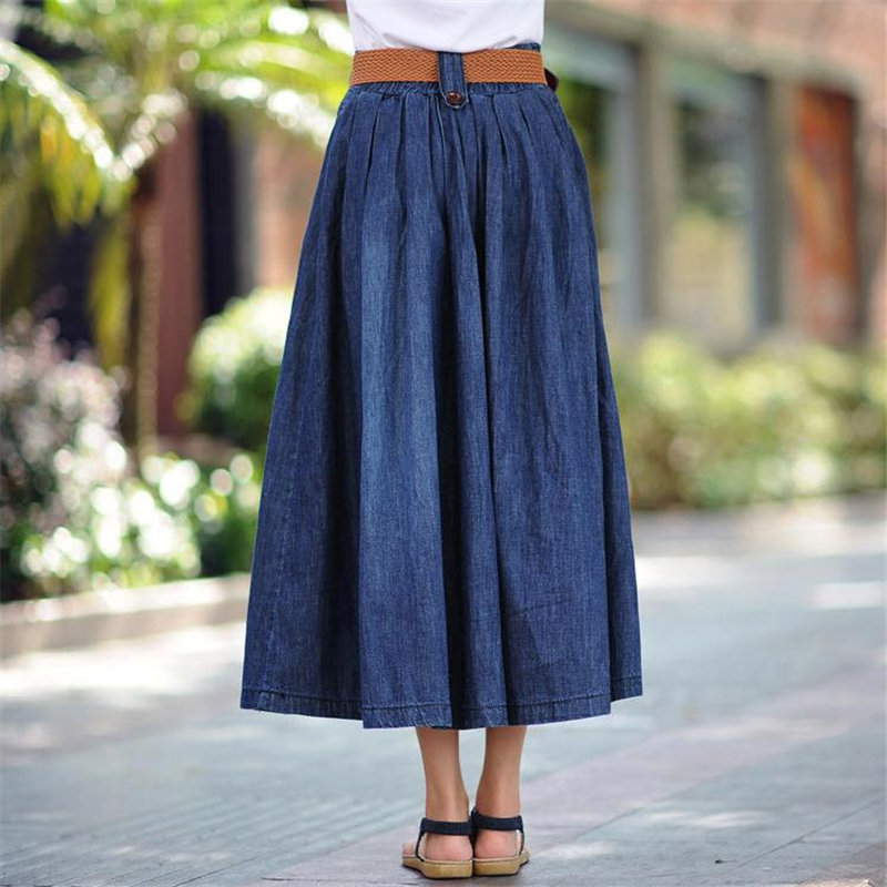 Merry Pretty Women Sashes Denim Pleated Autumn Elasticity Waist Long Jeans Casual Solid Midcalf Skirt 210309