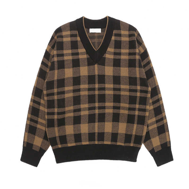 Retro sweater trend autumn and winter plaid V-neck loose men's trend Korean pullover mens sweater Y0907