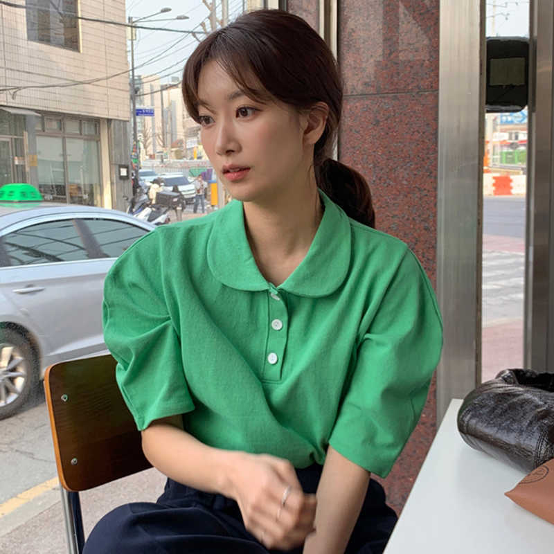 Korejpaa Women T-shirt Korea Chic Summer Gentle Little Turntring Three Buckle Loose Casual Bubble Sleeve Top Pullover 210526