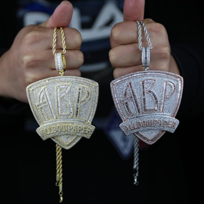 Iced Out Full Bling Cubic Zirconia Baguette Initial Letters ABP Charm Pendant Necklace For Hip Hop Men Fashion Punk