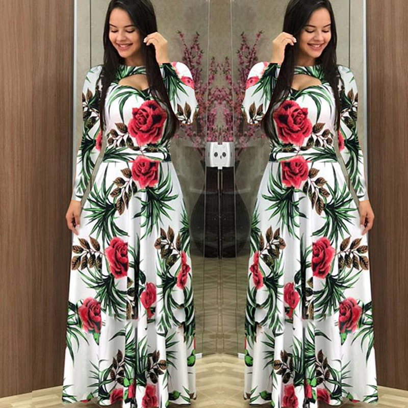 Flower Print Winter Dress Woman Casual Bohemia Long Sleeve Dresses For Women Elegant Plus Size Maxi Vestidos Autumn Dress 210222