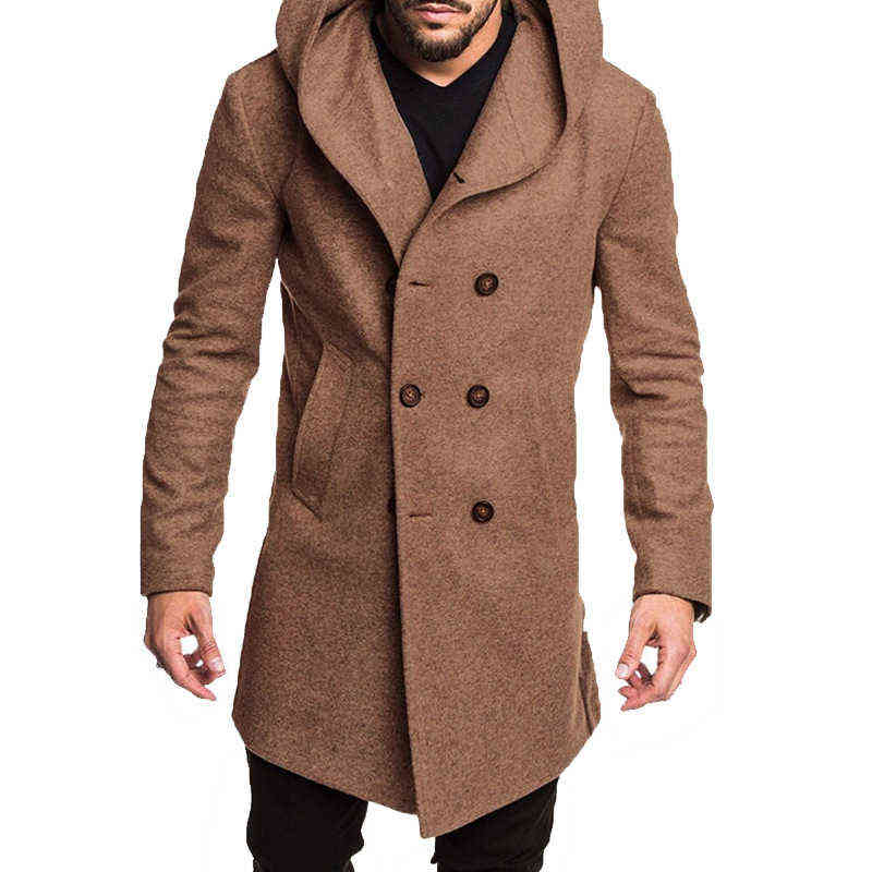 Riinr European and American Men Hooded Woolen Coat Men Double-breasted Long-sleeved Pocket Mid-length Trench Woolden Coat 211122