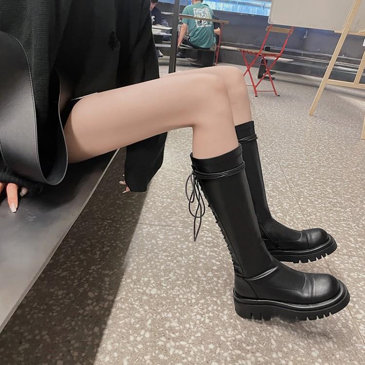 Boots Ochanmeb Chic Back Lace-up Cross-tied Kneehighs Goth Motorcycle Women Beige Burgundy Black Platform Chunky Long Shoe