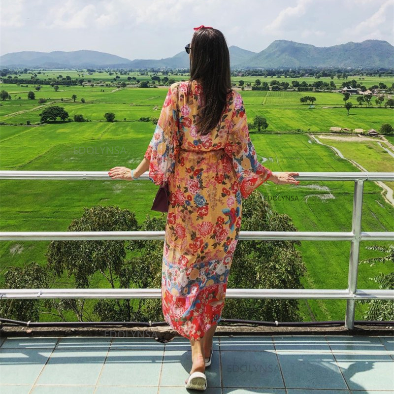 2021 Bohemian Printed Summer Beach Wrap Dress Women Beachwear Cotton Tunic Chinese Style Sexy Front Open Kimono Dress Pareo N751 210225
