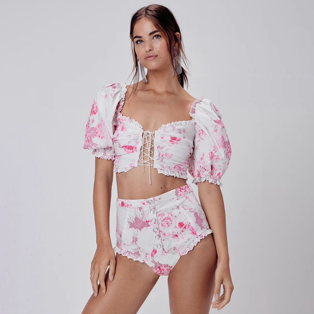 MONMOIRA Printed Strappy Lace Crop Tops Tees Women Summer French Retro Floral Blouse Shirts Ladies Milkmaid T shirts cwt04655 T200608