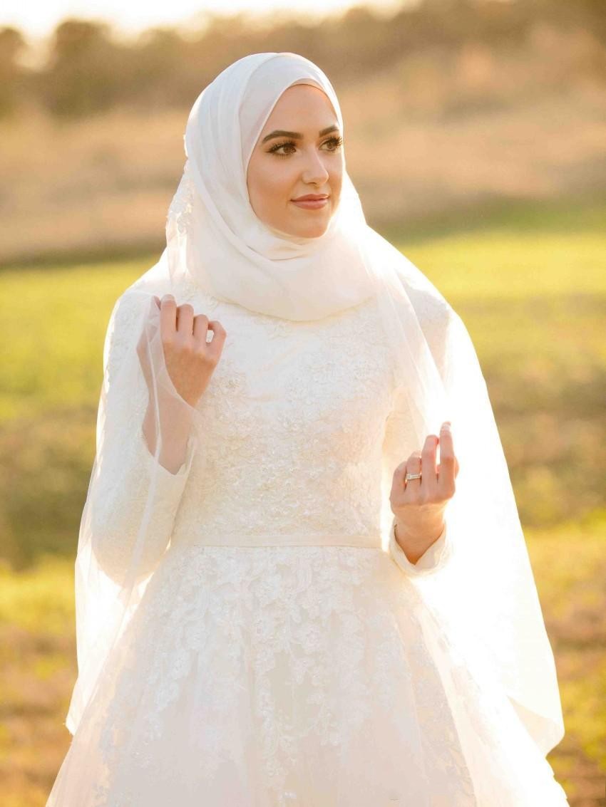 Muslim Saudi Arabic Vintage A-Line Plus Size Wedding Dresses Lace Applique Sweep Train Tulle Long Sleeve Bridal Gowns Vestido De Novia