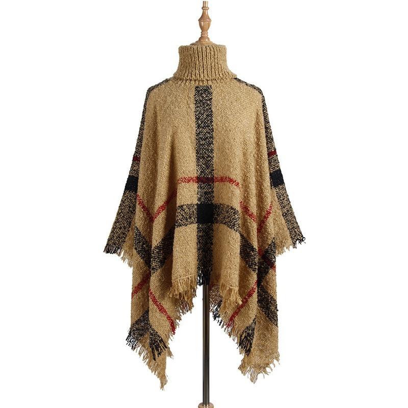 Womens Sweaters Poncho Sweater Women Fringed Stripe Knit Pullover Cape Coat High Collar Vintage Shawl Scarf Panchos Female Winter
