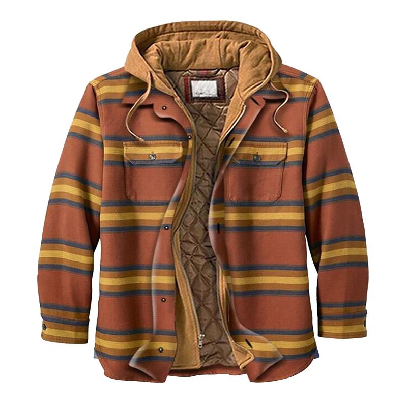 Men's Jackets European American Quilted Lined Button Down Cotton Plaid Autumn Winter Shirt Add Velvet Warm Long-sleeved Jacket With Hood