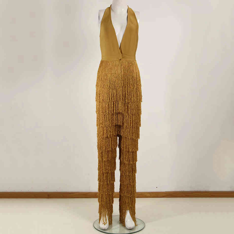 Summer Ladies Bandage Jumpsuit Yellow Tassel Bodycon Club V-Neck Party Sexy Spandex 210525