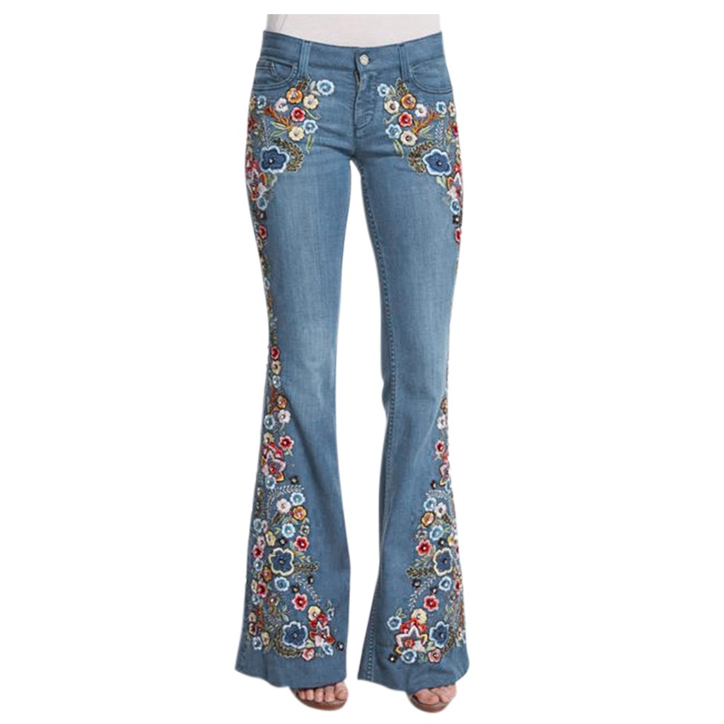 Women Embroidery Flowers Destoryed Flare Jeans Button Waist Bell Bottom Denim Pants Autumn Winter Pants Trousers 210222