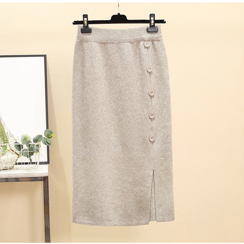 Plus Size Front Split Button Up Dark Green Office Lady Straight Knitted Skirts 4Xl 5Xl Women Mid Long Workwear Knitting Skirt T200301