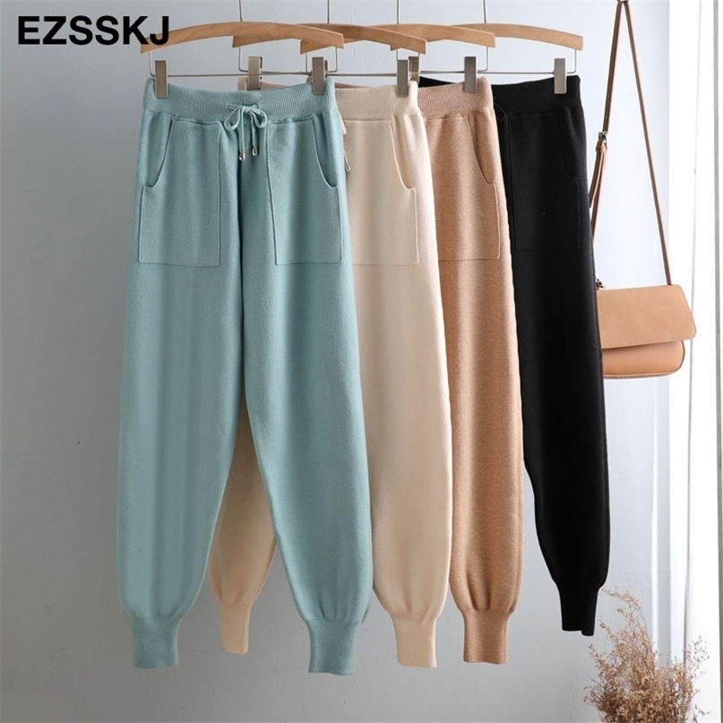 loose Women Elastic Waist Drawstring Trousers Thick Knitted Harem Pants Autumn Winter Sport pants sweater Carrot 211115