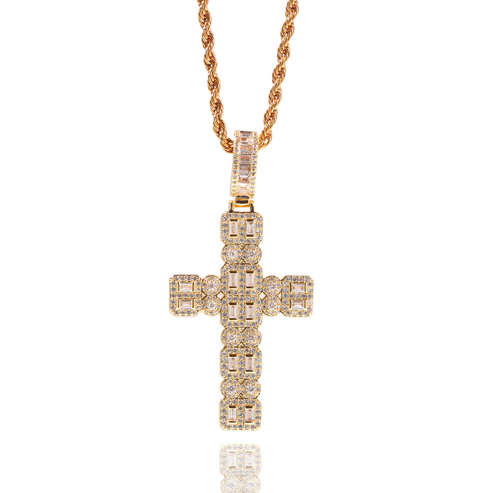 Hip Hop Cross Pendant Necklace Bling 18K Real Gold Plated Shining Crystal Zircon Religious Jewelry Men Women Gift