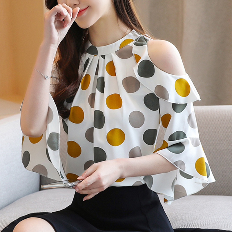 Blusas Mujer De Moda Summer Korean Style Women's Blouse Short Sleeve Bottoming Shirt Polka Dot Off-Shoulder Tops 9023 50 210225