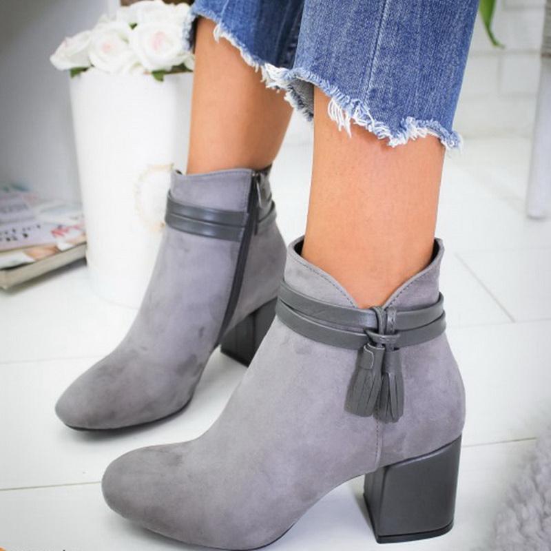 Boots 2022 Red Tassel Ankle Shoes Women's Single Autumn Winter Pointed Toe Thick With Short Leather Women