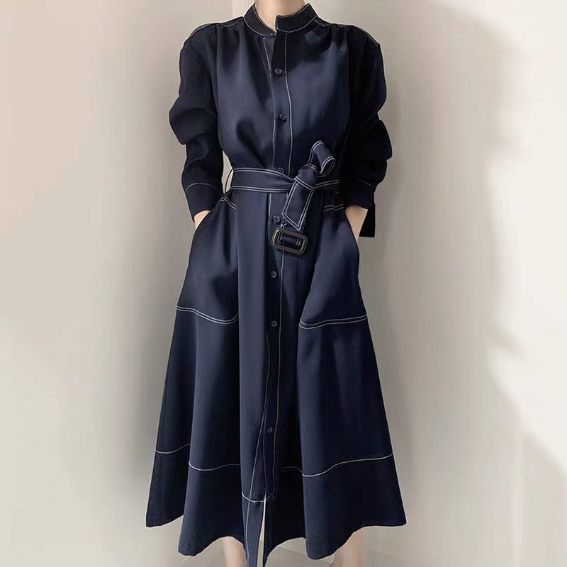 2021 new long-sleeved shirt dress simple stand-up collar waist single-breasted trench coat dress free shipping, Blue
2021 new long-sleeved shirt dress simple stand-up collar waist single-breasted trench coat dress free shipping, Blue