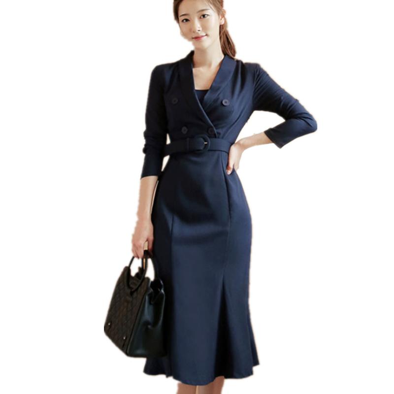 Casual Dresses Office Ladies V-neck Double Breasted Blazer Trumpet Dress Belted Women Business Slim Mermaid