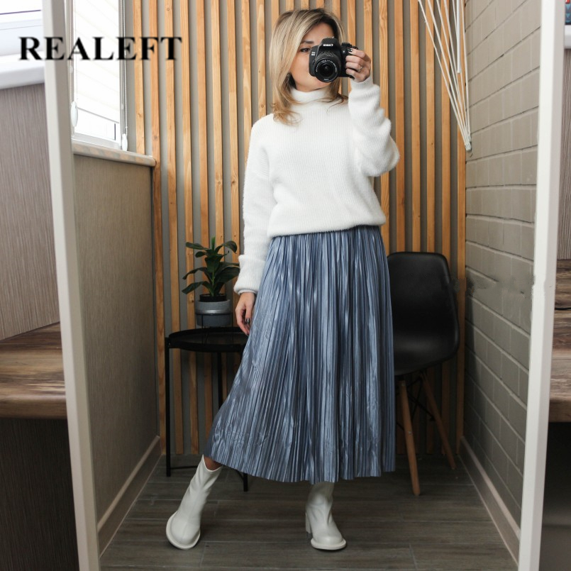 REALEFT Elegant Solid Pleated Womens Long Skirts Spring Summer Street High Waist Harajuku Umbrella Maxi Skirts Womens 210306