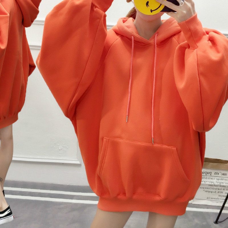Women's Oversized Sweatshirt Lantern Sleeves Plus Velvet Pure Color Casual Hoodie Autumn And Winter Fashion Pullover Coat 201113