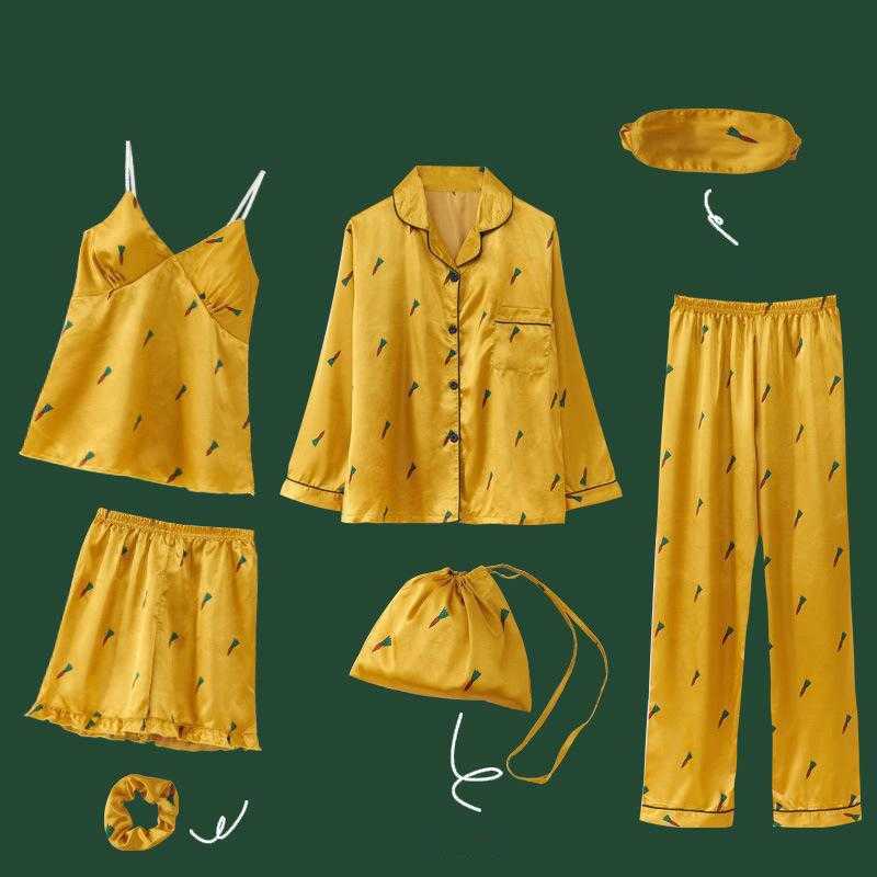 Yellow Satin Sleep Set Print Pajamas Suit For Women Spring Autumn Nightwear Home Clothing Casual Sleepwear Intimate Lingerie Q0706