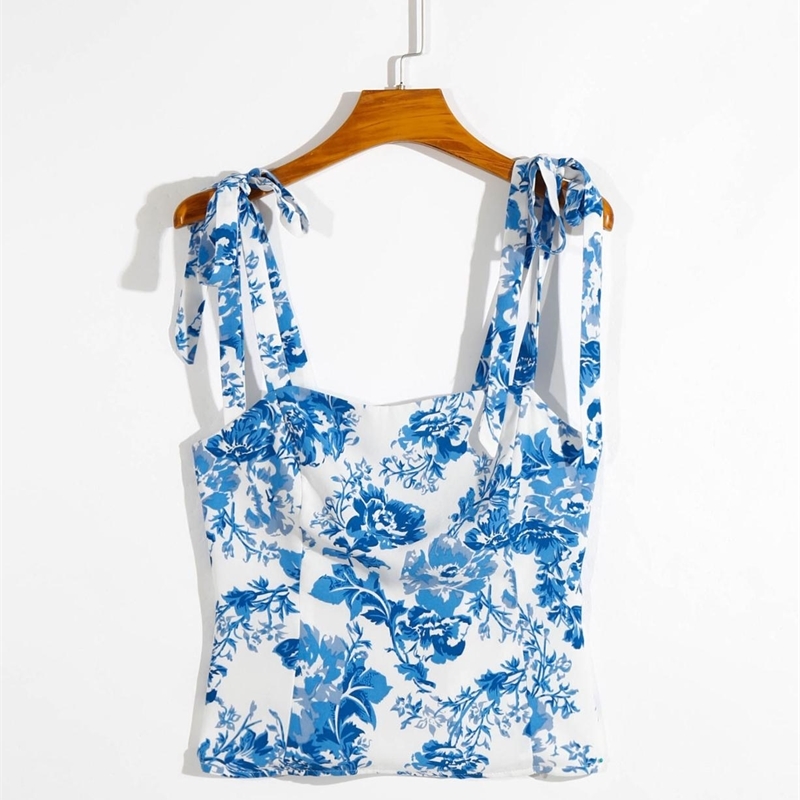 Tie Bow Strap Blue White Floral Print Camis Women Summer Ruched Short Tank Tops Retro Cool Girl Sexy Slim Crop Top Tees 210625