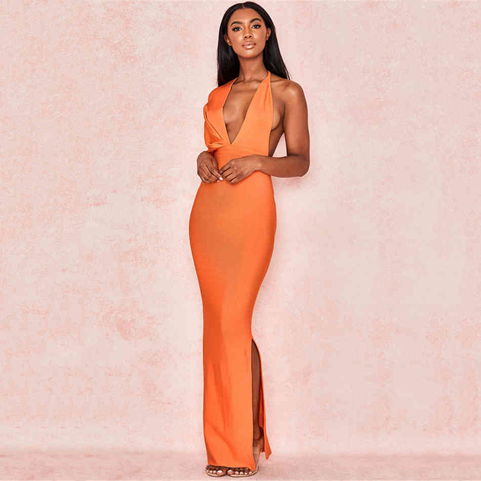 Summer Bandage Women'S Orange Sexy Deep V-Neck Open Back Split Tight Dress Vestidos 210525