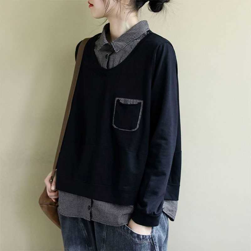 Spring Autumn Arts Style Women Long Sleeve Loose Pullovers Fake Two Piece Turn-down Collar Patchwork Casual Hoodies M696 210608, Black
Spring Autumn Arts Style Women Long Sleeve Loose Pullovers Fake Two Piece Turn-down Collar Patchwork Casual Hoodies M696 210608, Black