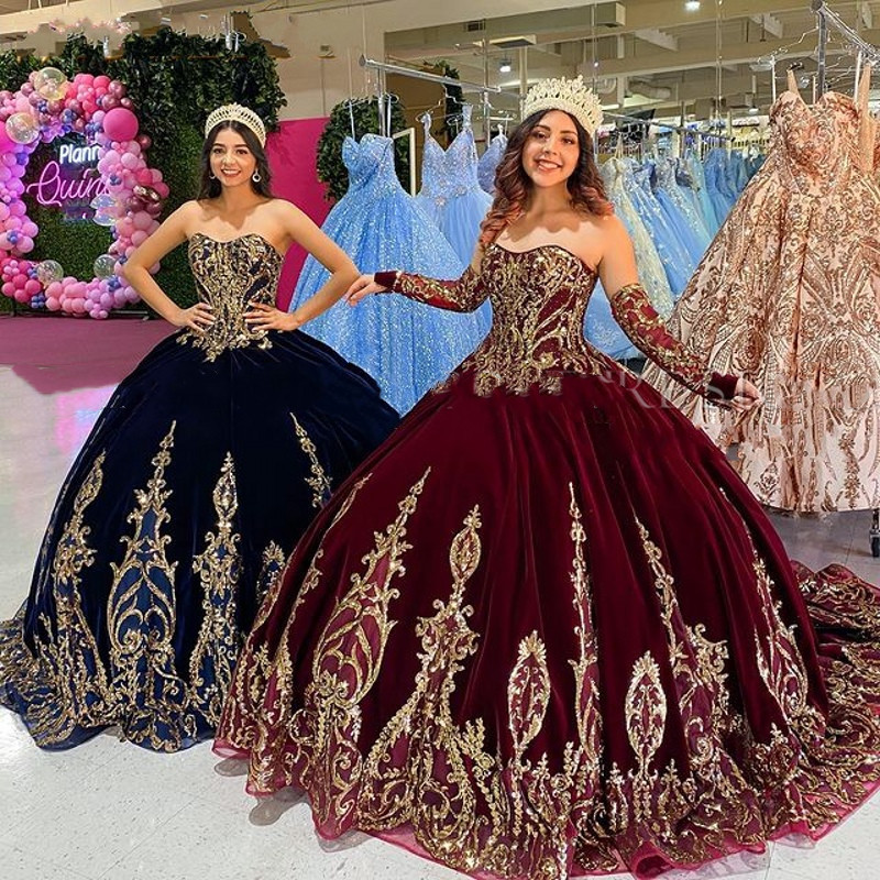 Burgundy 2021 velvet Quinceanera Dresses Bridal Gowns Sweetheart Long Sleeve gold lace Sweet 16 Dress vestidos de xv años anos