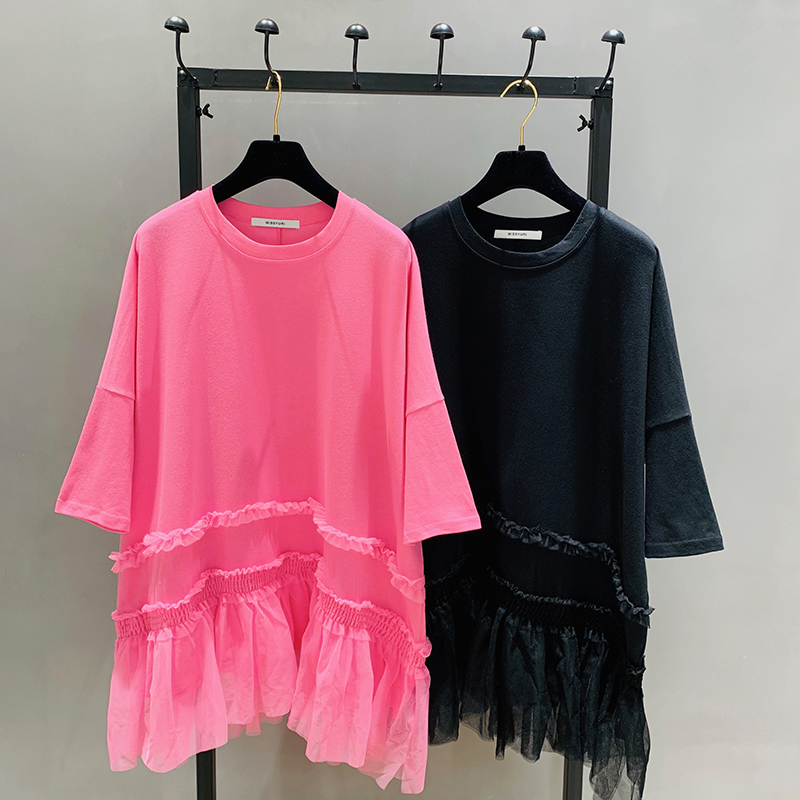 [EWQ] Spring Sweet T-shirt Mesh Stitching Top Student Plus Size Short Sleeved Summer T Shirt Oversize Pullover Shirts Black 210306