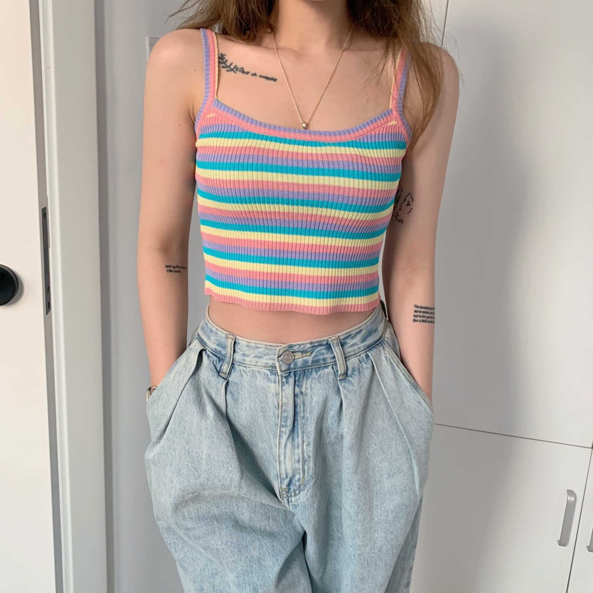 Rainbow Striped Camisole Women Summer Knitted Sleeveless Slim Tank Tops Sexy Basic Chic Colorful Crop Top Streetwear Camis 210625