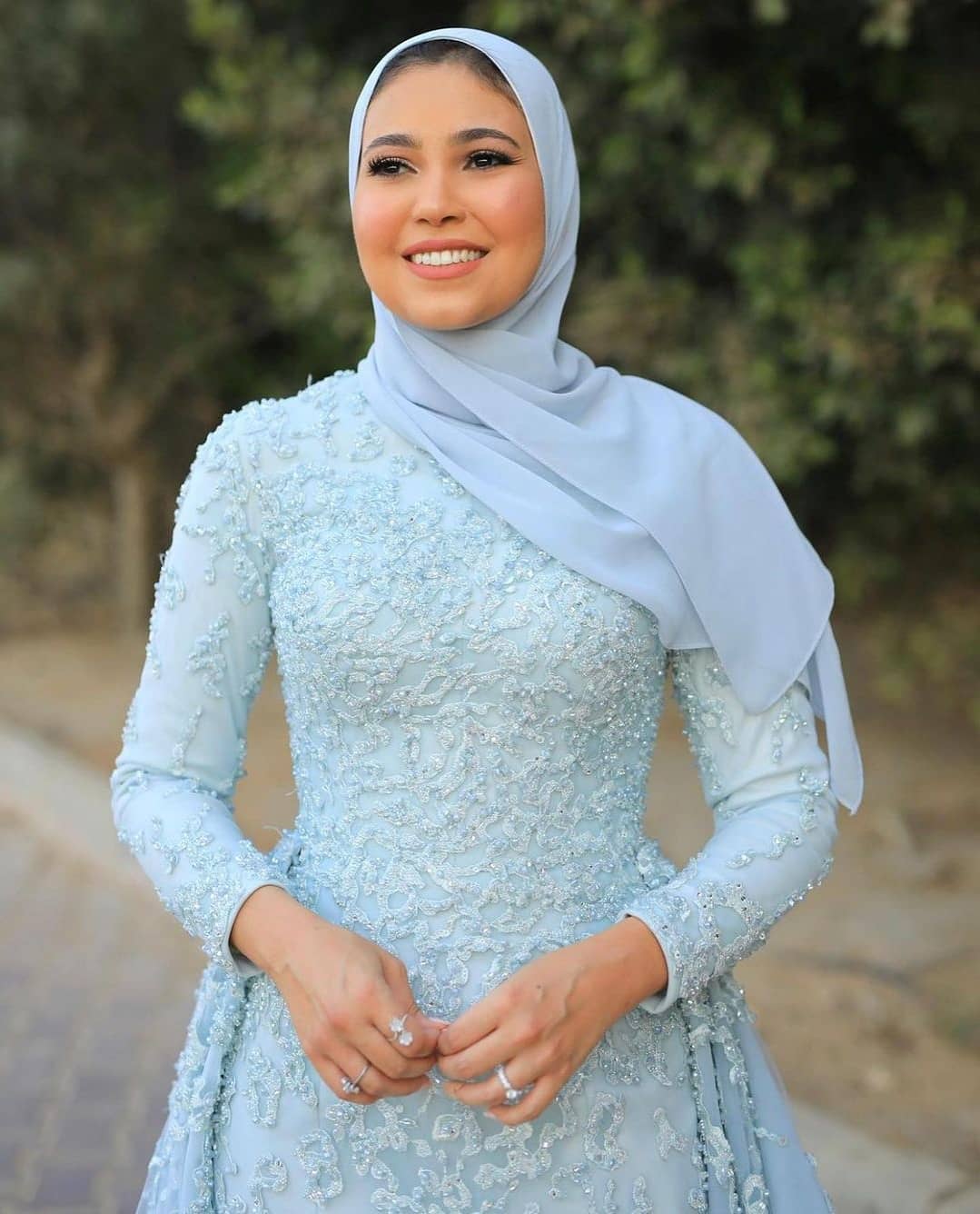 Light Sky Blue Muslim Beaded Lace Evening Dresses High Neck Appliqued Long Sleeves Mermaid Prom Gowns With Detachable Train Formal Dress