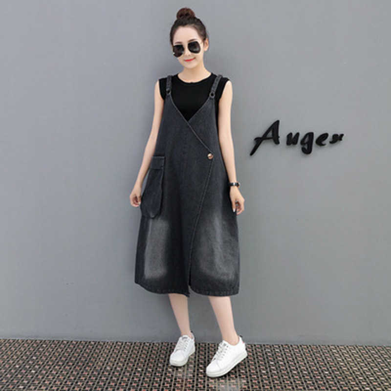 Metal Ring Adjustable Strap Big Pockets Jeans Dress Summer Sexy V-neck Korean Casual Loose Mid-length Black Denin Overalls 210604