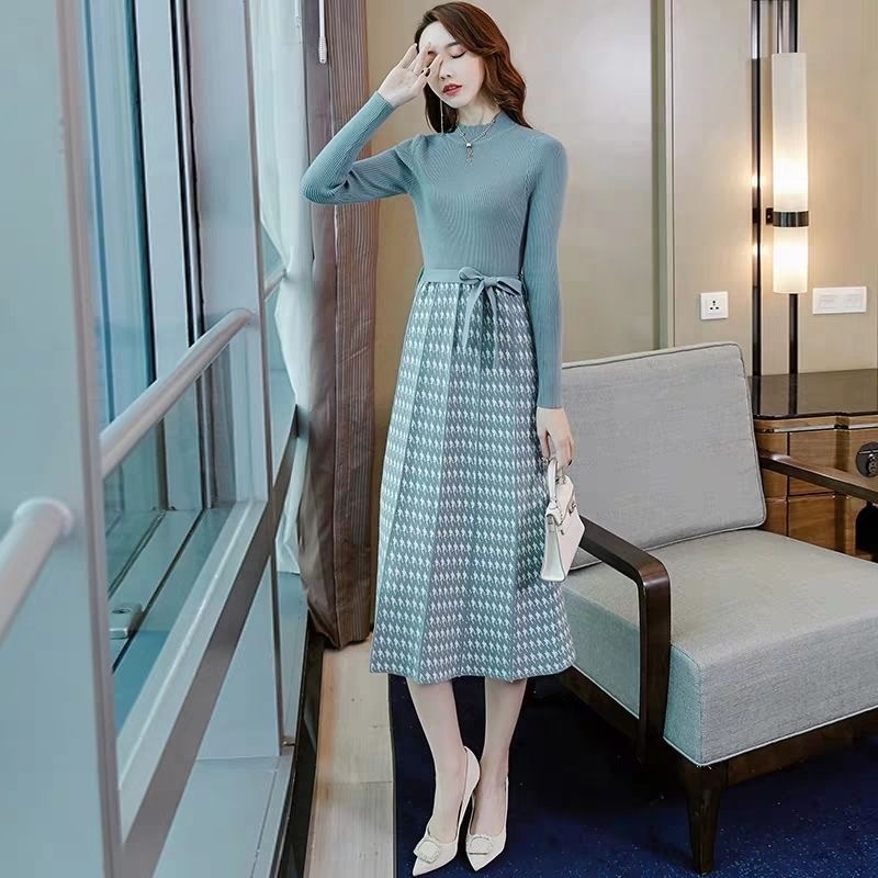Autumn winter Vintage printed Knitted Sweater pleated Dress women OL Elegant sweater dress with belt female aline slim dress 201008