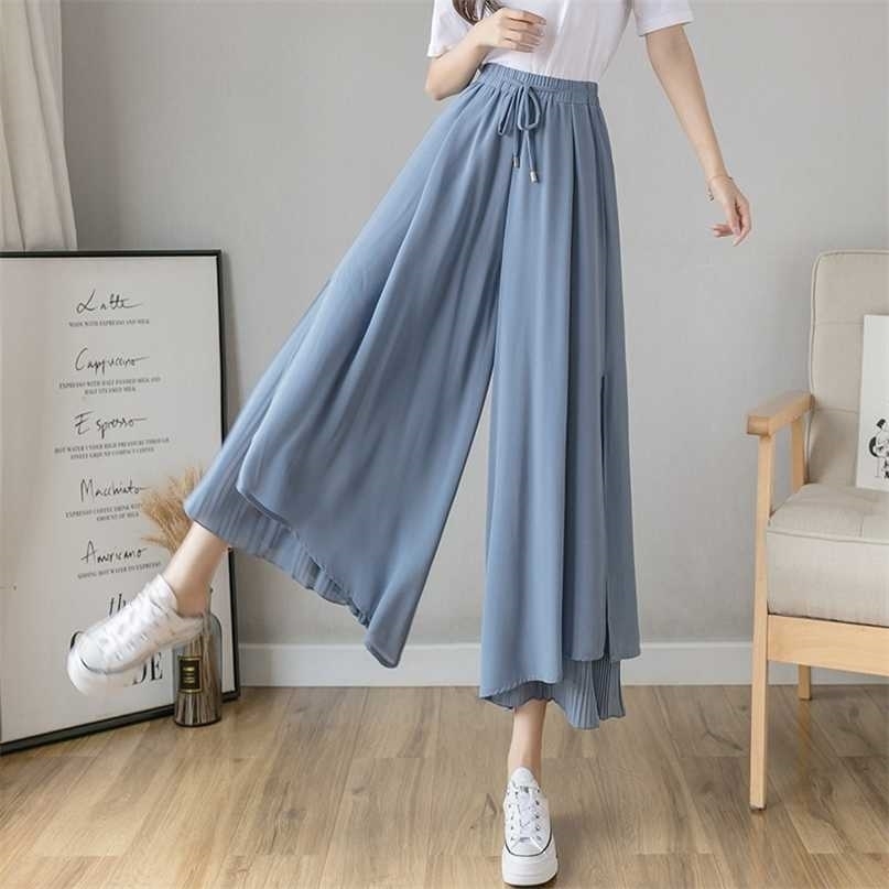 Women Korean Fashion Casual Drape Elegant Loose Trousers Clothes Chiffon High Waist Wide Leg Pants Comodi Pantalones De Mujer 211115