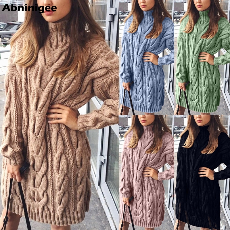 Ladies Sweater Dress High Collar Sweaters Long Sleeve Dresses Pure Color Knitted Pullovers Sweaters Vestido Loose Warm Winter 210222
