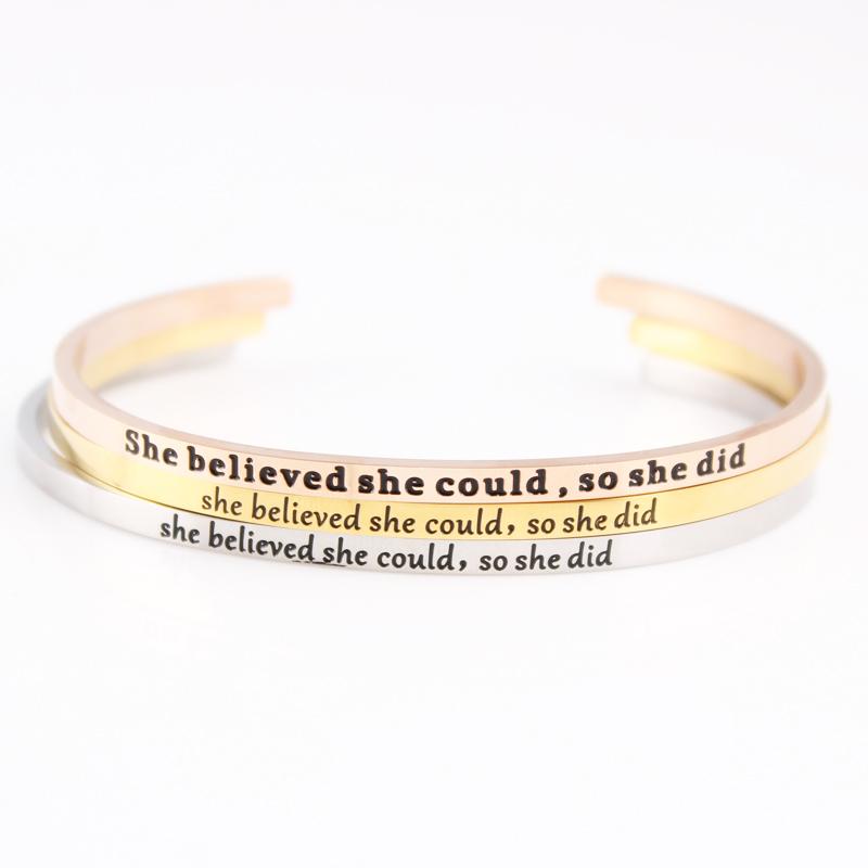 Bangle She Believed Could So Did Stainless Steel Engraved Positive Inspirational Quote Hand Imprint Cuff Mantra Bracelet
Bangle She Believed Could So Did Stainless Steel Engraved Positive Inspirational Quote Hand Imprint Cuff Mantra Bracelet