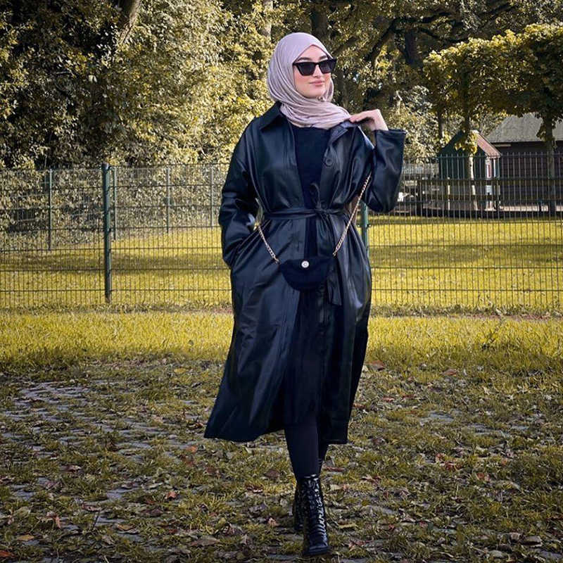 Fitaylor PU Leather Long Jacket Spring Women Loose Belt Faux Leather Windbreaker Trench Coat Slim Spring Jacket 210909
